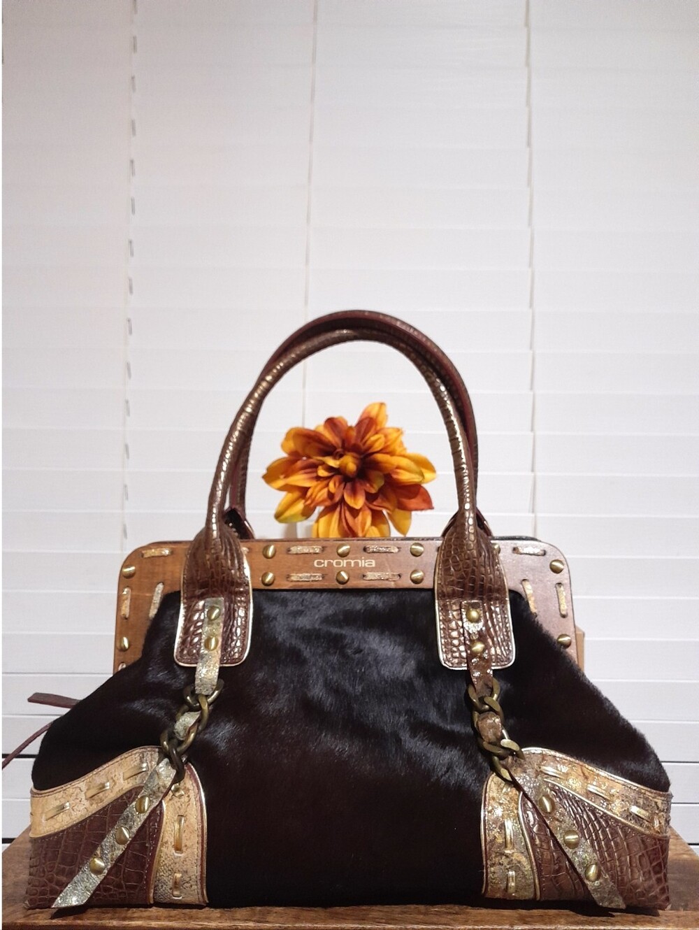 Cromia Italy Black Calf Hair & Brown Leather Satchel Doctor Bag Tote
